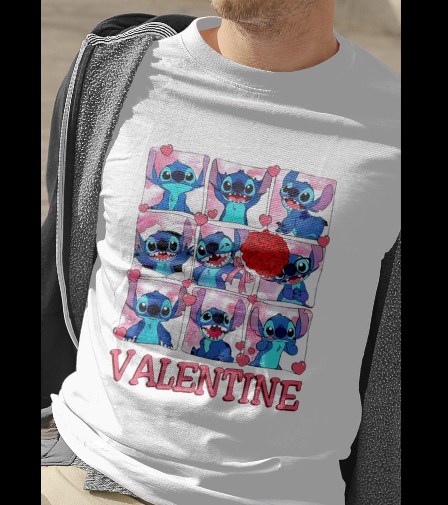 Disney Stitch Rose Flowers Valentine Love Hearts Happy Day T-Shirt