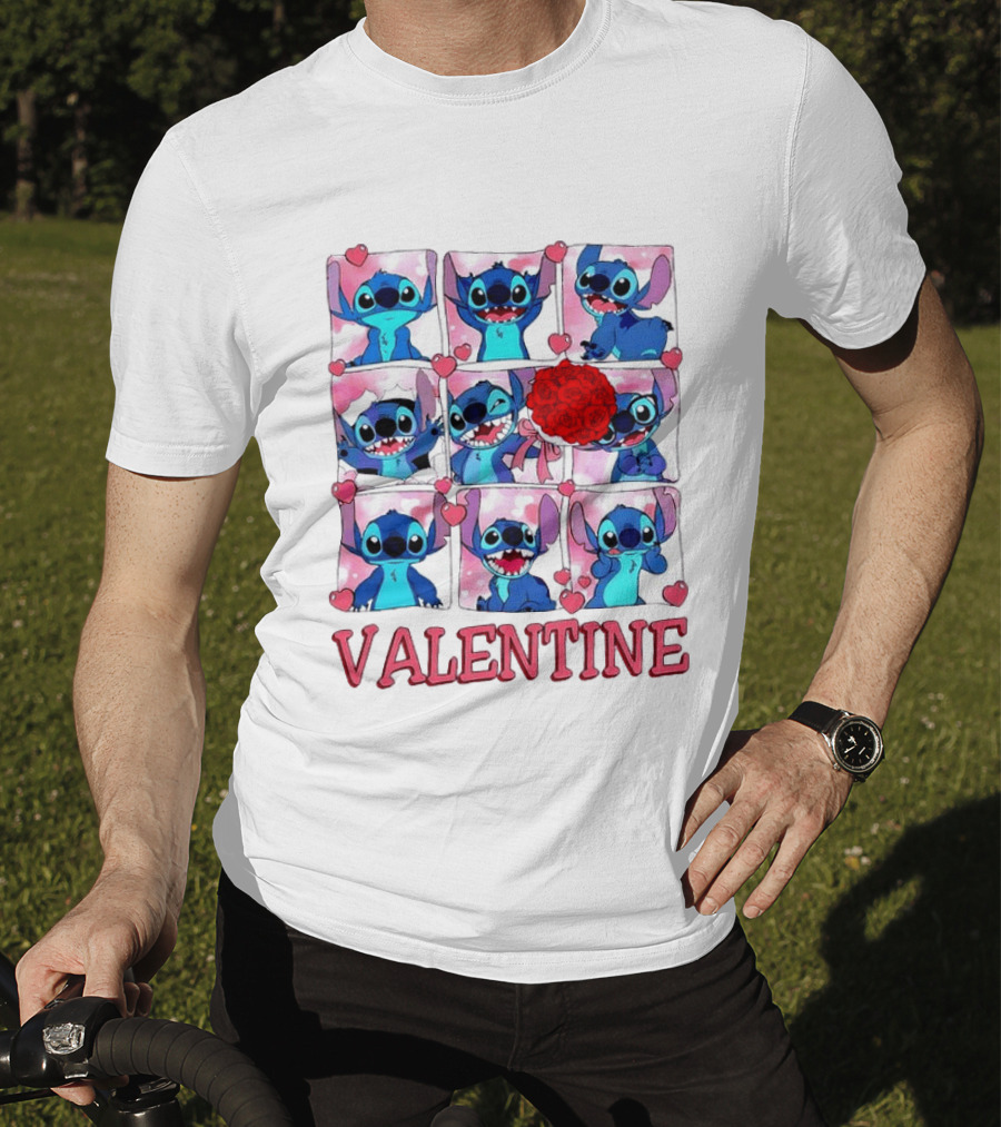Disney Stitch Rose Flowers Valentine Love Hearts Happy Day T-Shirt