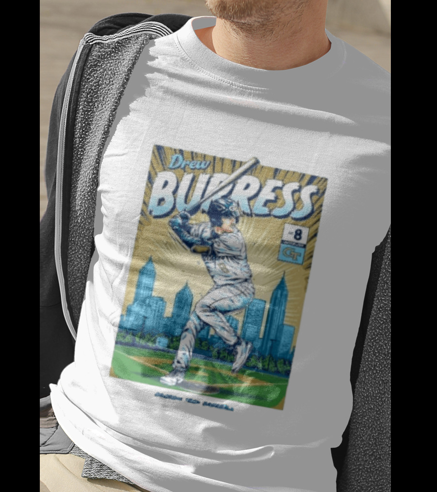Drew Burress #8 Georgia Tech Baseball Comic Style Retro Cityscape T-Shirt