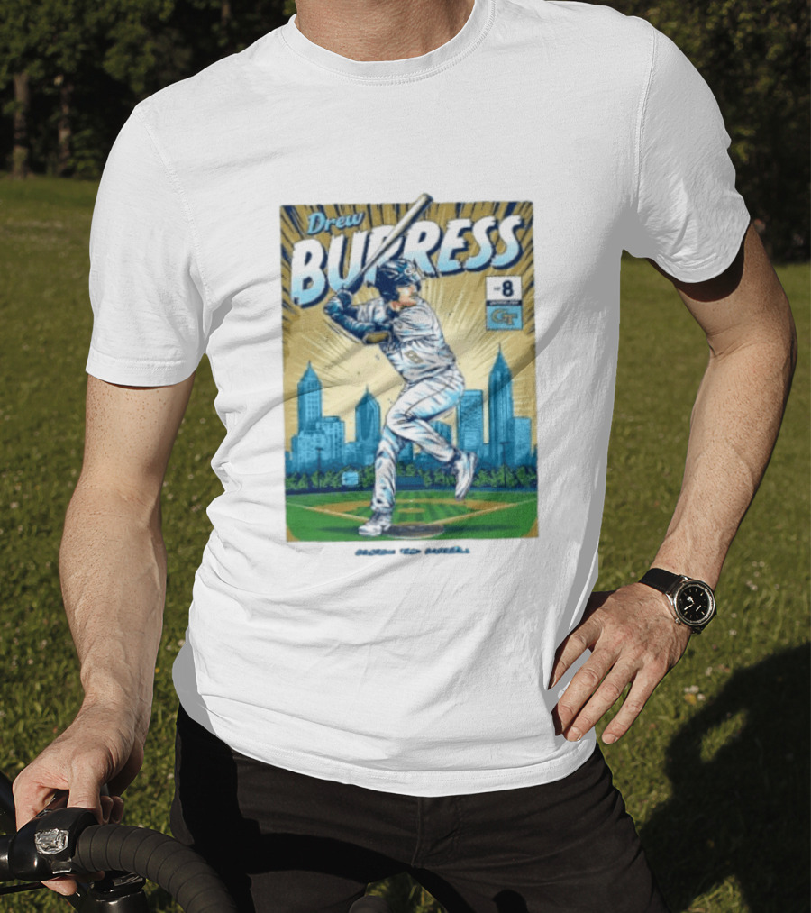 Drew Burress #8 Georgia Tech Baseball Comic Style Retro Cityscape T-Shirt