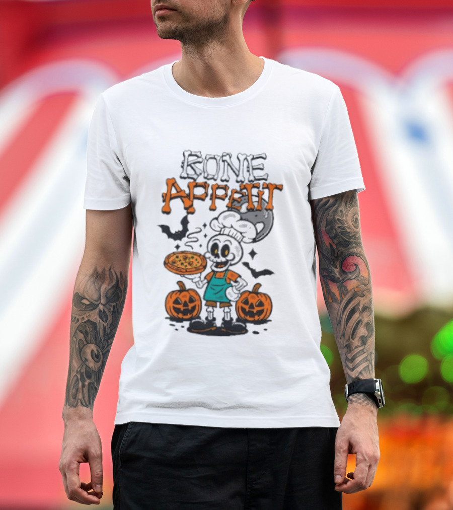 Bone Appetit Skeleton Chef Halloween Pizza Pumpkin Bats T-Shirt