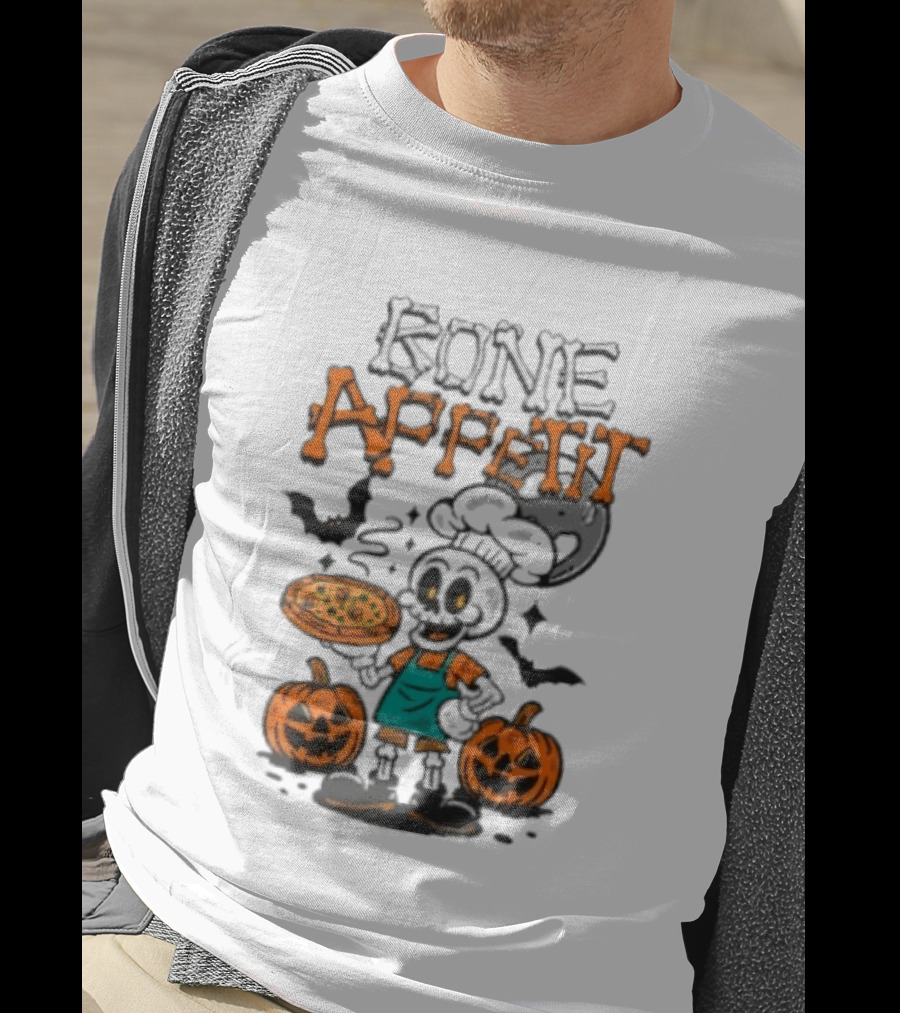 Bone Appetit Skeleton Chef Halloween Pizza Pumpkin Bats T-Shirt