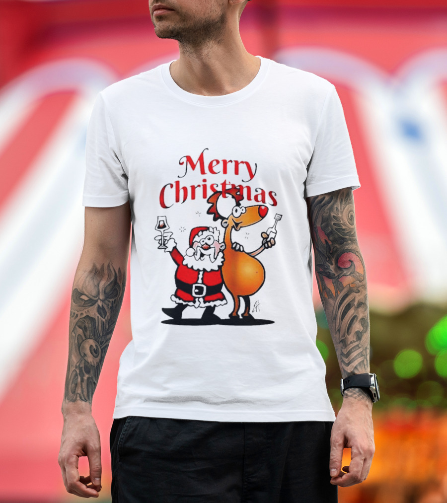 Merry Christmas Santa Claus And Reindeer Toast With Drinks T-Shirt