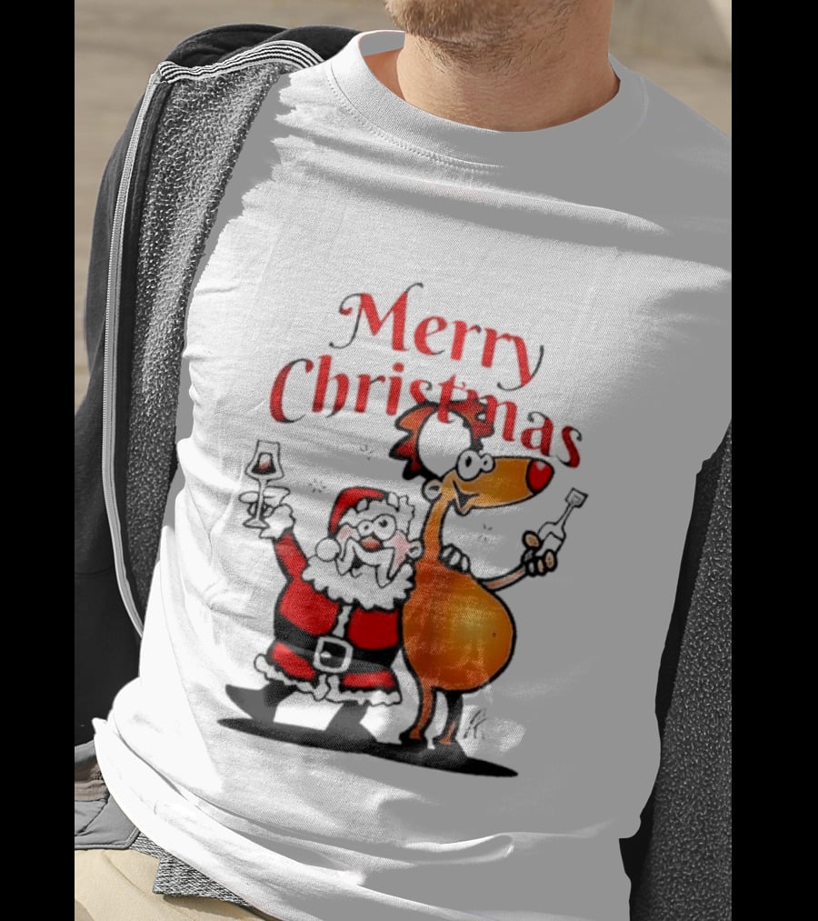 Merry Christmas Santa Claus And Reindeer Toast With Drinks T-Shirt