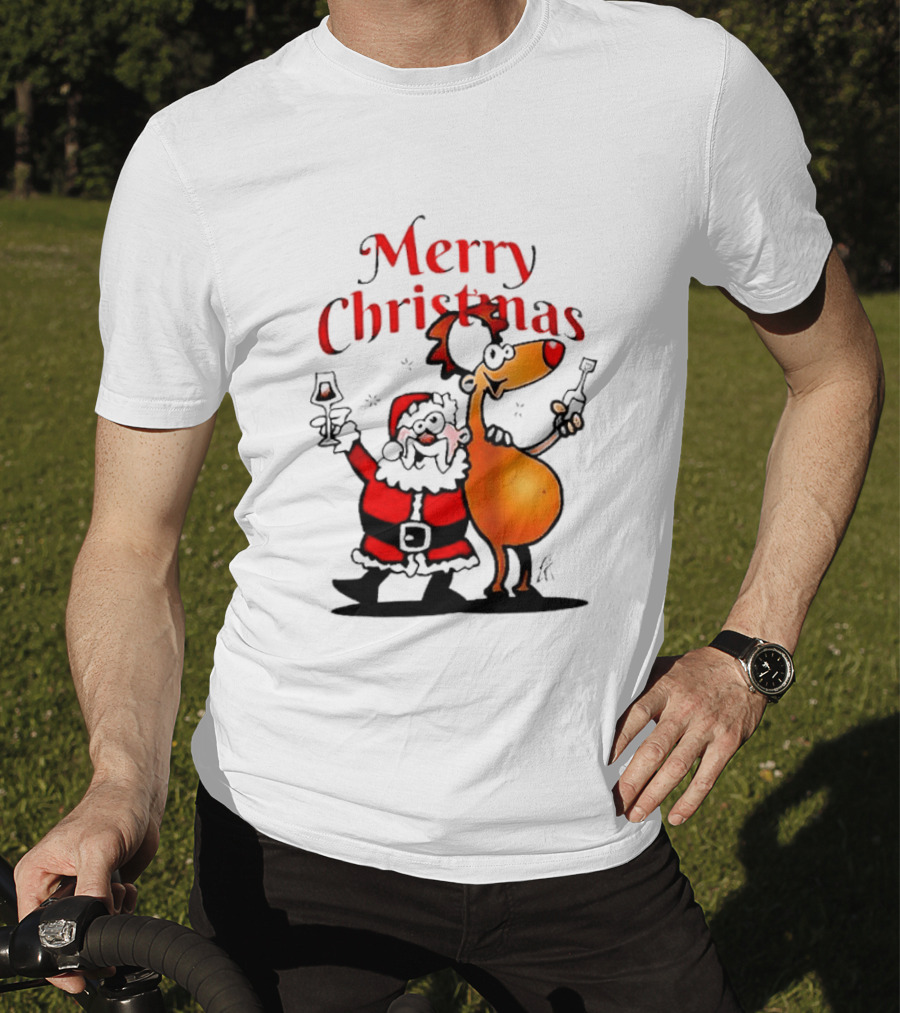 Merry Christmas Santa Claus And Reindeer Toast With Drinks T-Shirt