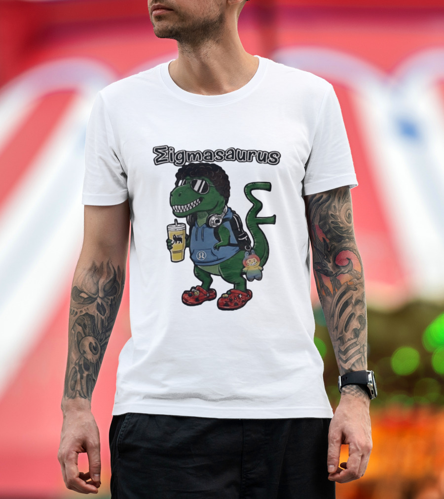 Sigmasaurus Rex Dinosaur Meme With Afro Sunglasses Headphones And Drink T-Shirt