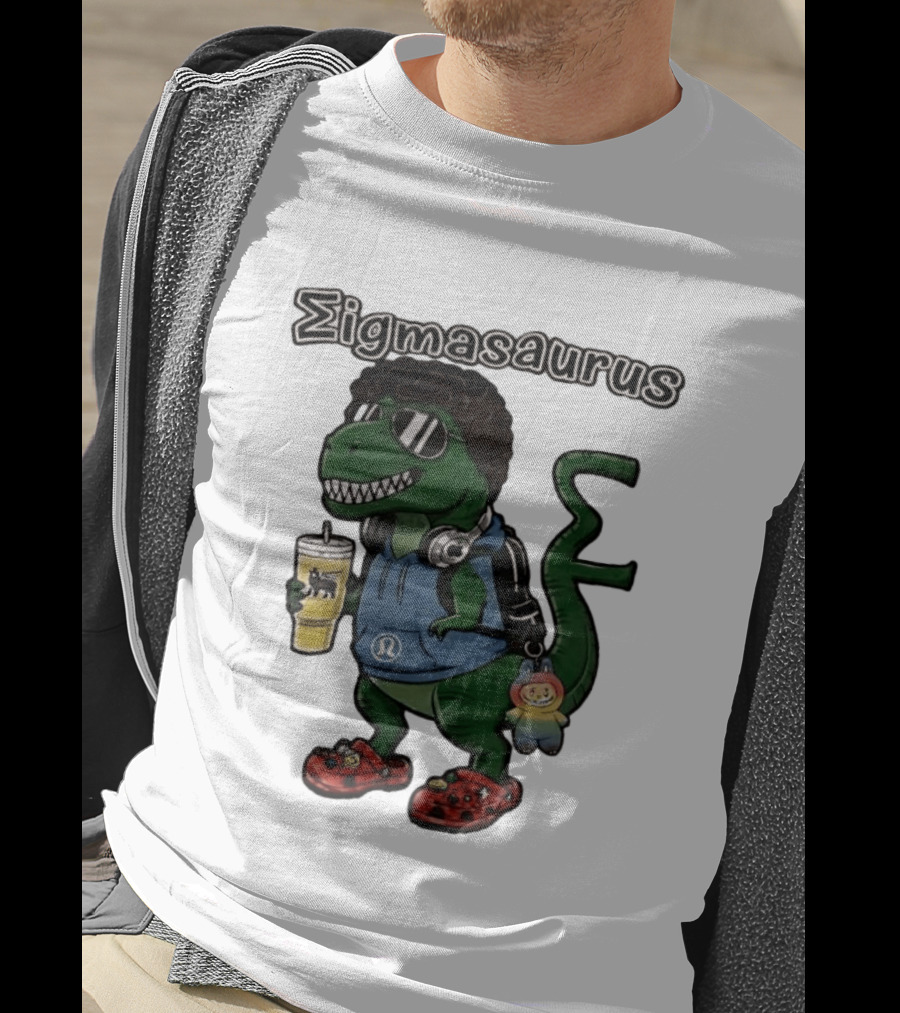 Sigmasaurus Rex Dinosaur Meme With Afro Sunglasses Headphones And Drink T-Shirt
