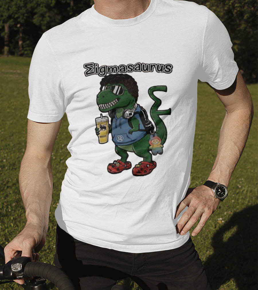 Sigmasaurus Rex Dinosaur Meme With Afro Sunglasses Headphones And Drink T-Shirt