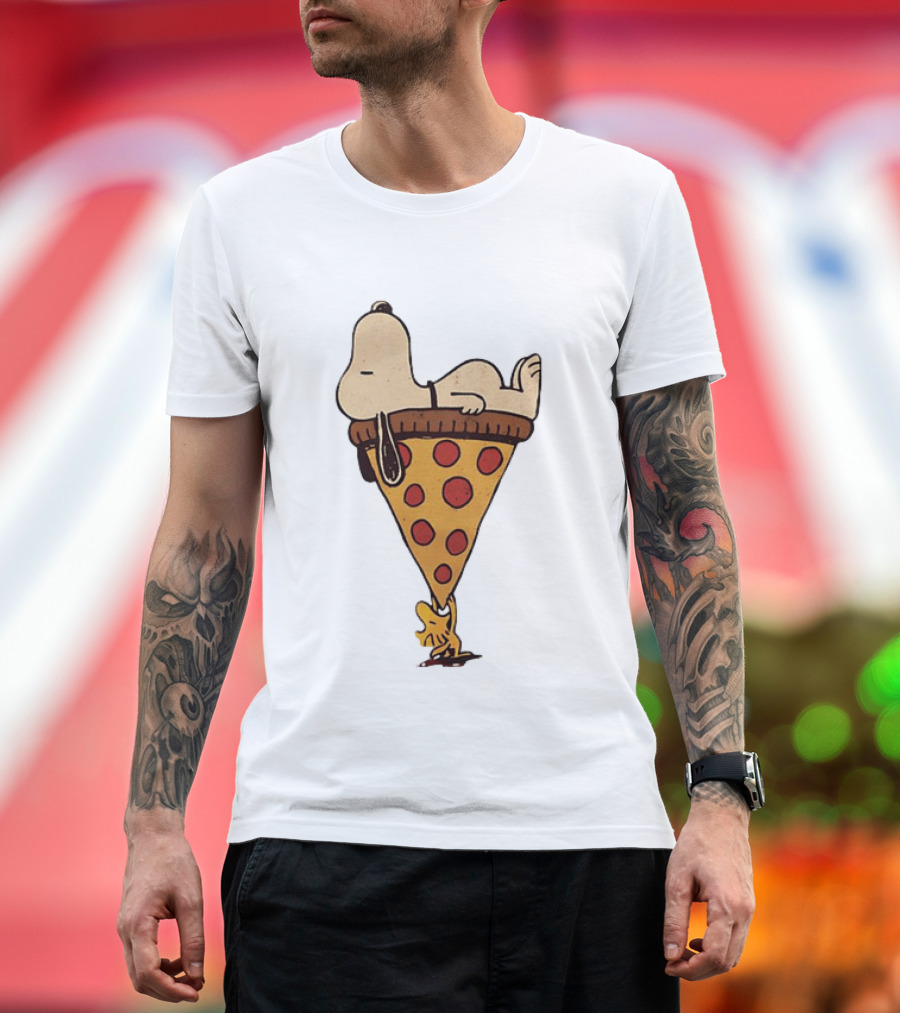 Snoopy Relaxing On Giant Pizza Slice With Woodstock Peanuts Collection T-Shirt