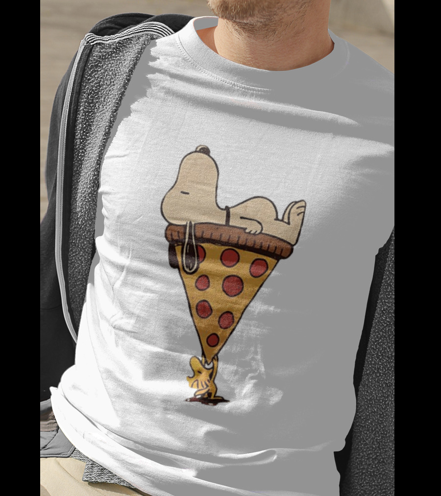 Snoopy Relaxing On Giant Pizza Slice With Woodstock Peanuts Collection T-Shirt