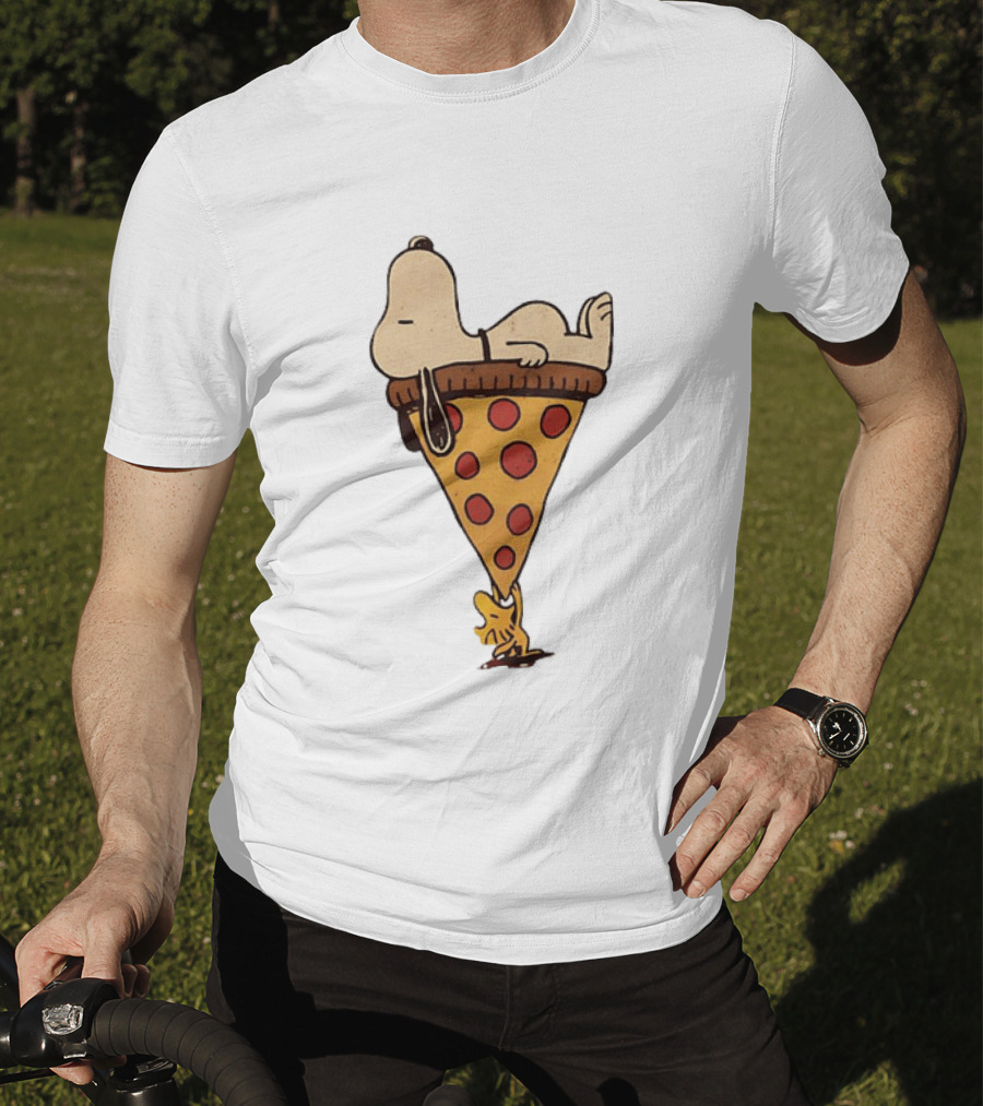 Snoopy Relaxing On Giant Pizza Slice With Woodstock Peanuts Collection T-Shirt