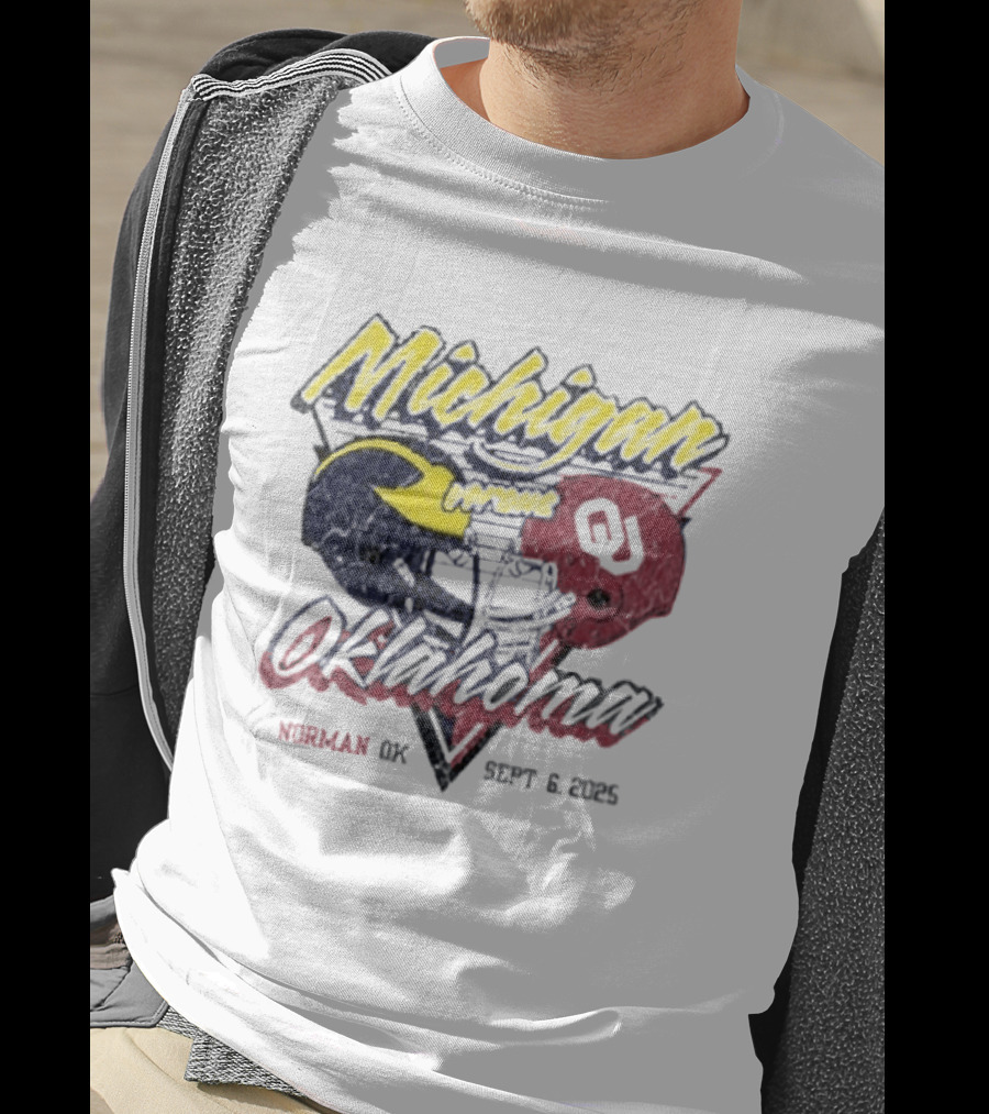 Oklahoma Sooners Vs Michigan Wolverines Football Helmet Norman OK September 6 2025 T-Shirt