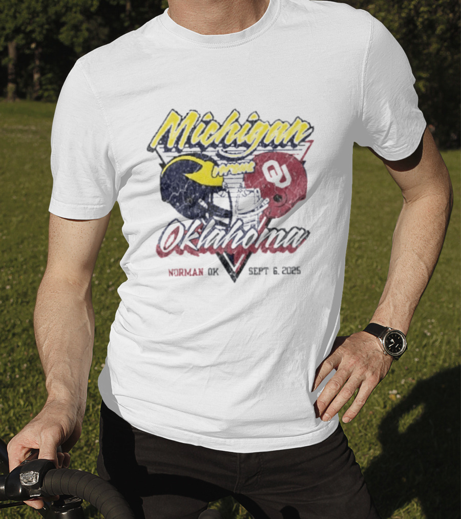 Oklahoma Sooners Vs Michigan Wolverines Football Helmet Norman OK September 6 2025 T-Shirt