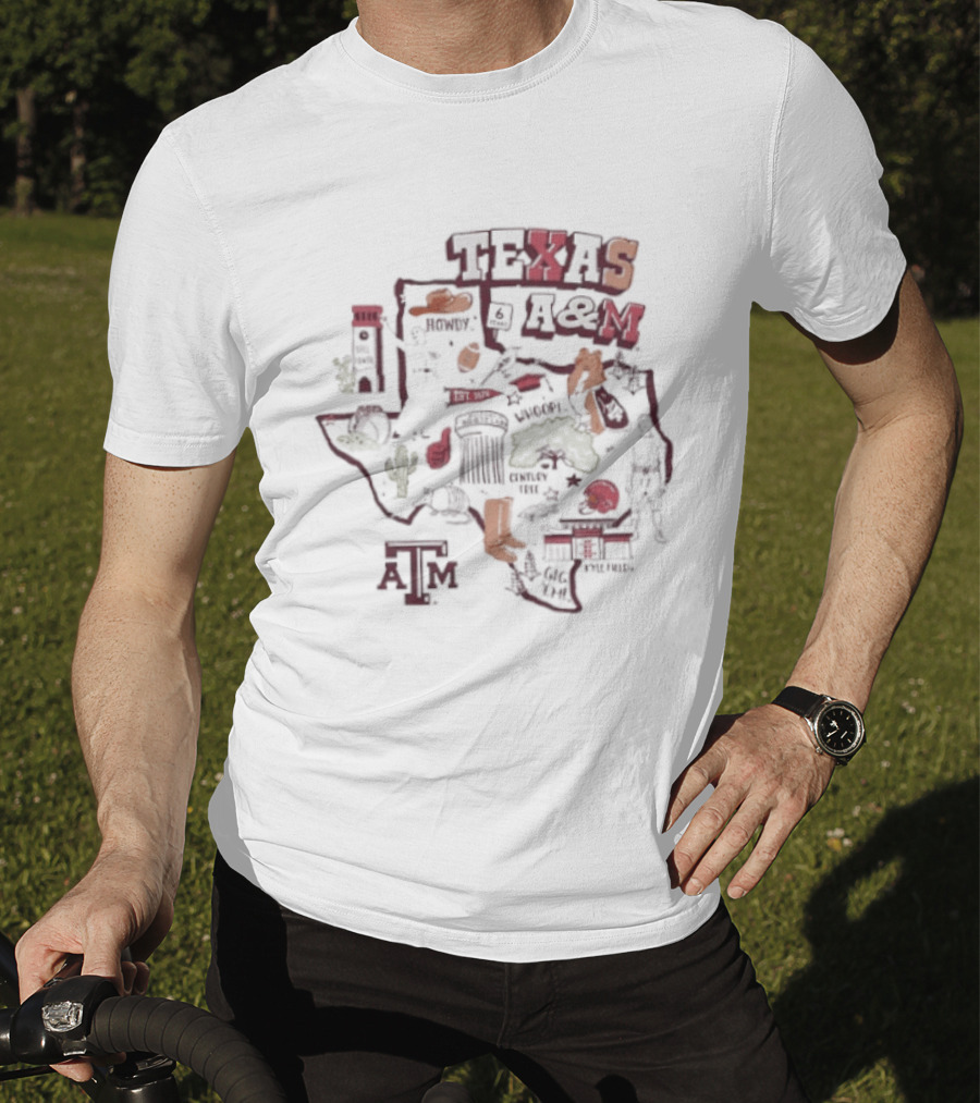 Texas A&M Aggies Map With Iconic Symbols And Landmarks T-Shirt