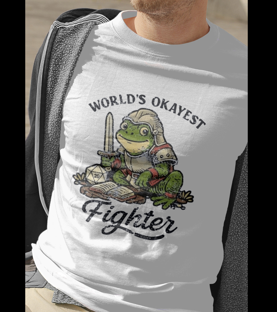 World's Okayest Fighter Frog In Armor With D20 Dice And Sword T-Shirt