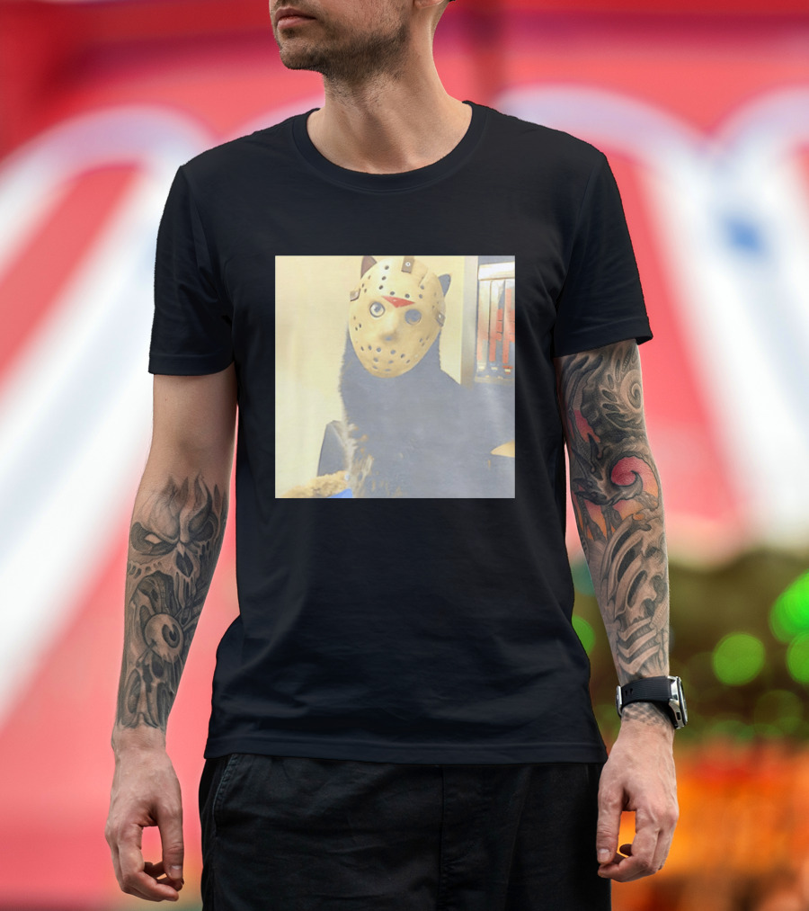 Black Cat In Horror Movie Jason Voorhees Mask T-Shirt