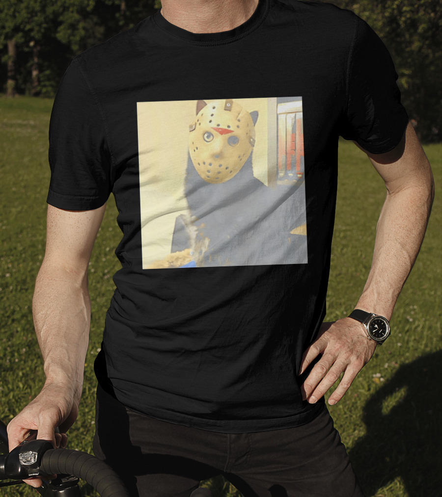 Black Cat In Horror Movie Jason Voorhees Mask T-Shirt