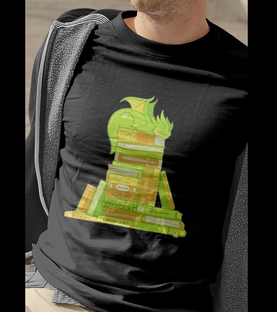 Sleeping Dragon On RPG Fantasy Magic Book Stack Grimoire Wizardry Tales T-Shirt