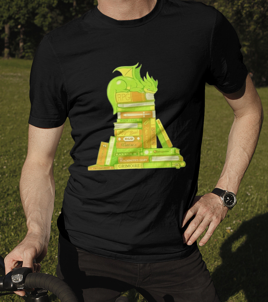 Sleeping Dragon On RPG Fantasy Magic Book Stack Grimoire Wizardry Tales T-Shirt