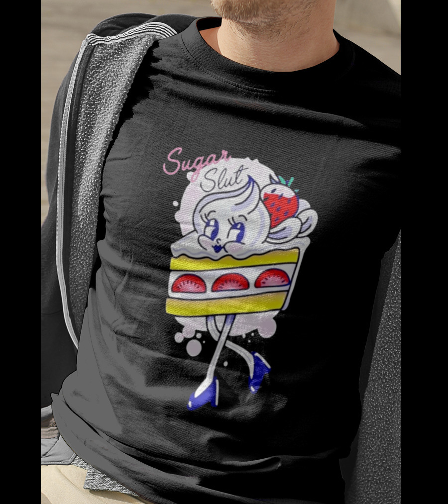 Sugar Slut Strawberry Cake Cartoon Slice With Whipped Cream And Berries T-Shirt
