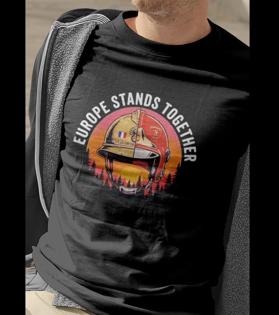 Europe Stands Together Sapeurs Pompiers Bomberos Espana Firefighter Helmet Forest Sunset T-Shirt