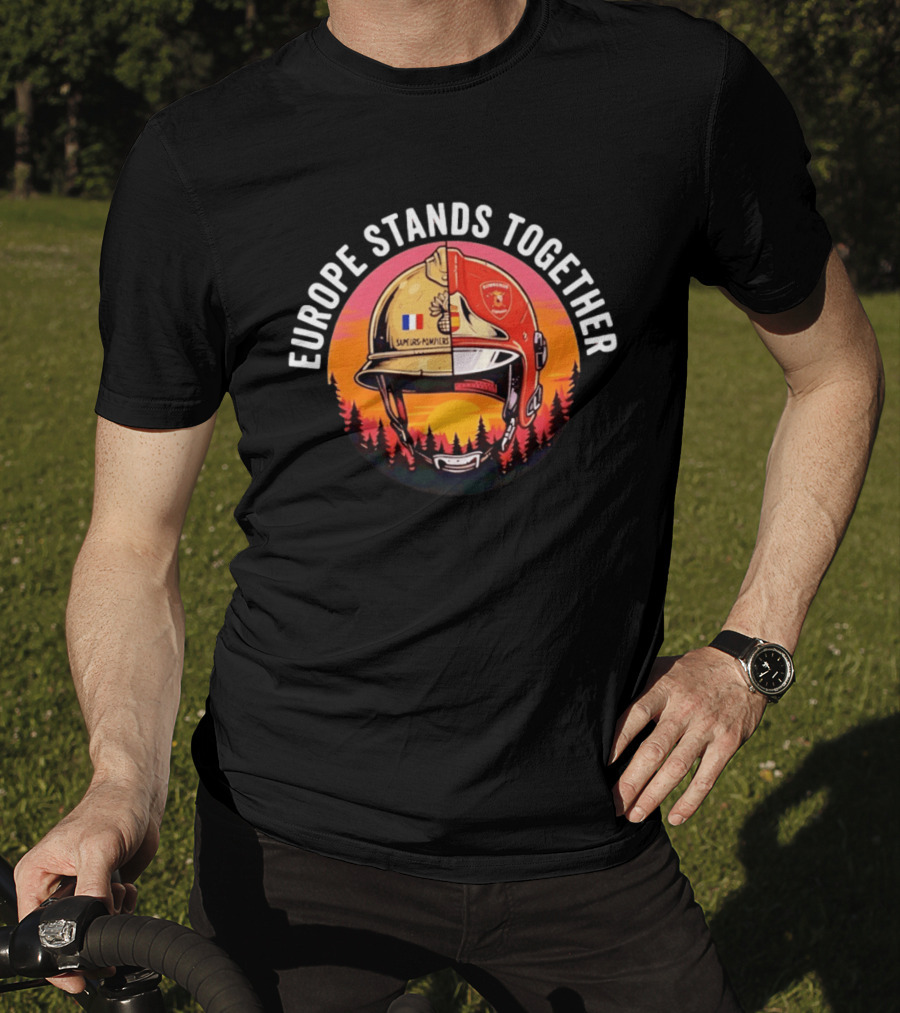 Europe Stands Together Sapeurs Pompiers Bomberos Espana Firefighter Helmet Forest Sunset T-Shirt