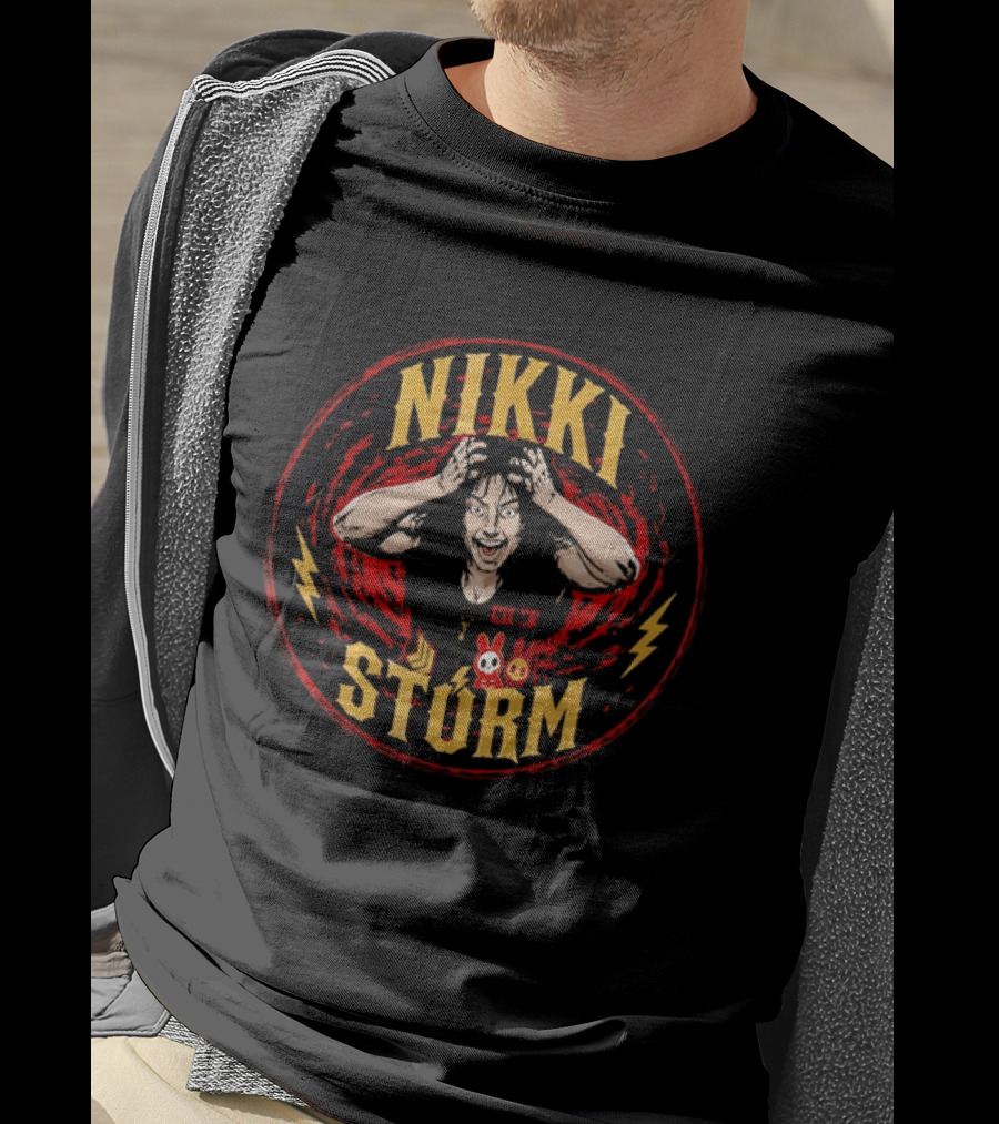 Nikki Stürm Wrestling Character With Lightning Bolts And Red Spiral T-Shirt