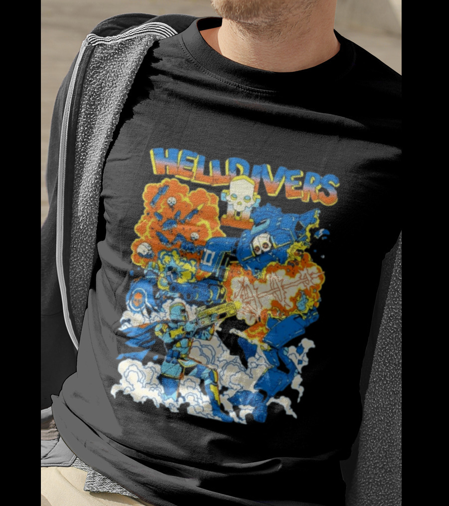 Helldivers Super Earth Soldier Combat Action Explosive Battle Scene T-Shirt
