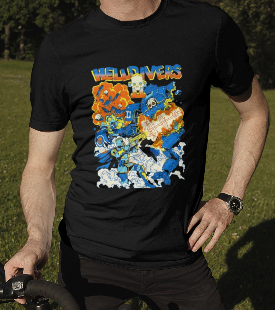 Helldivers Super Earth Soldier Combat Action Explosive Battle Scene T-Shirt