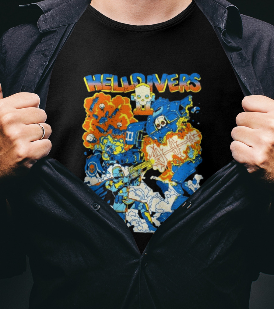 Helldivers Super Earth Soldier Combat Action Explosive Battle Scene T-Shirt