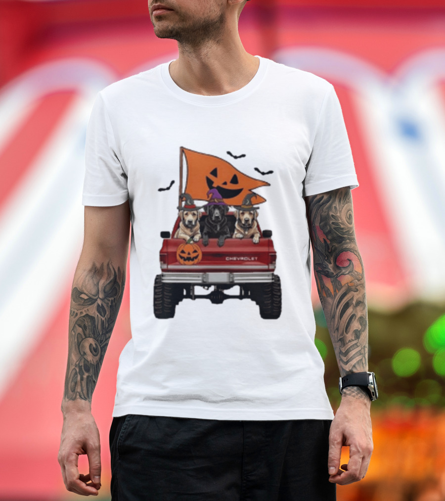 Chevrolet Halloween Dogs In Truck With Pumpkin And Bats T-Shirt