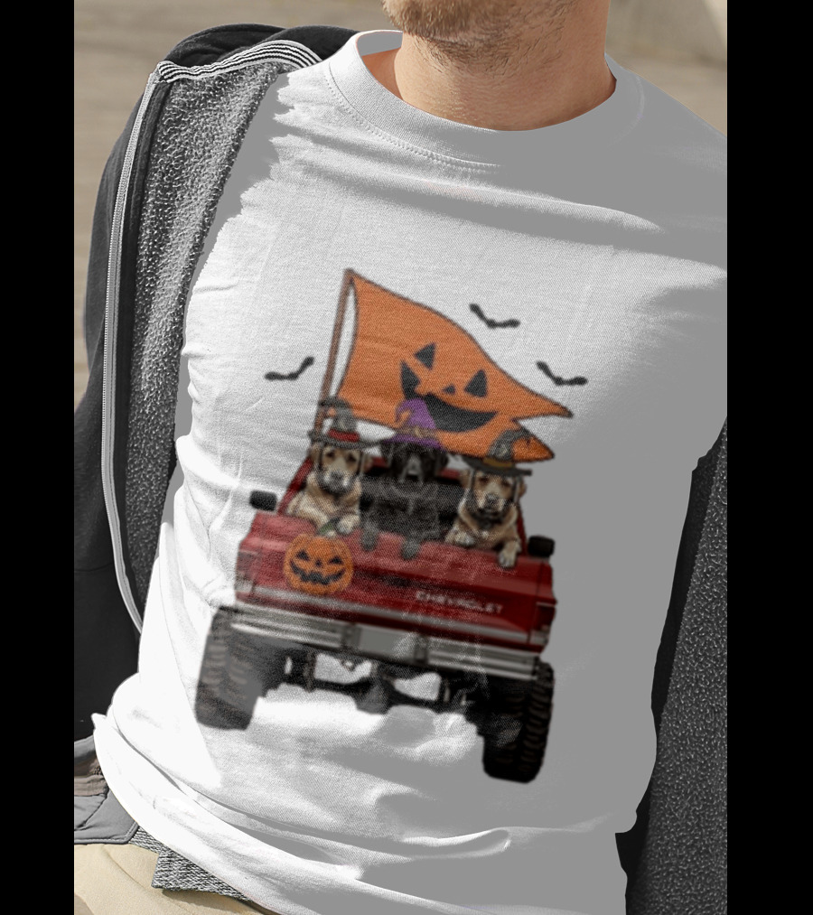 Chevrolet Halloween Dogs In Truck With Pumpkin And Bats T-Shirt