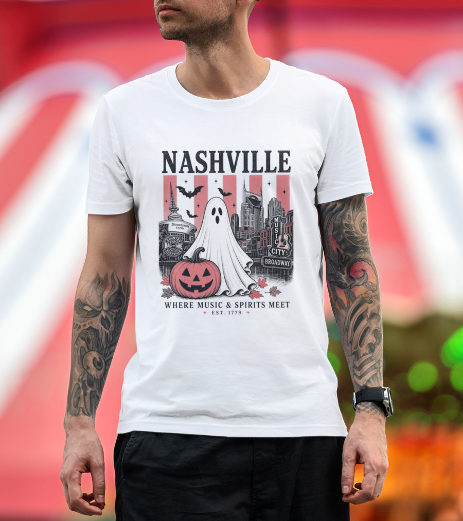 Nashville Halloween Ghost Music Spirits Skyline Pumpkin Bats T-Shirt