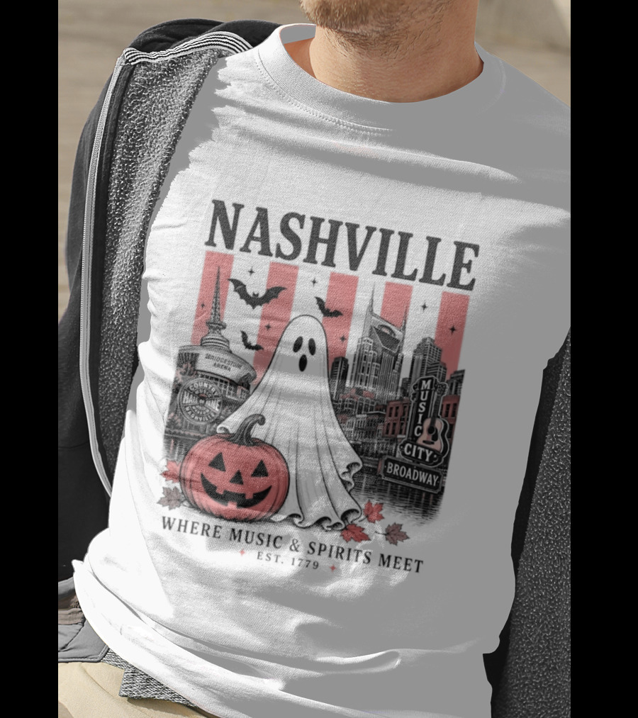 Nashville Halloween Ghost Music Spirits Skyline Pumpkin Bats T-Shirt