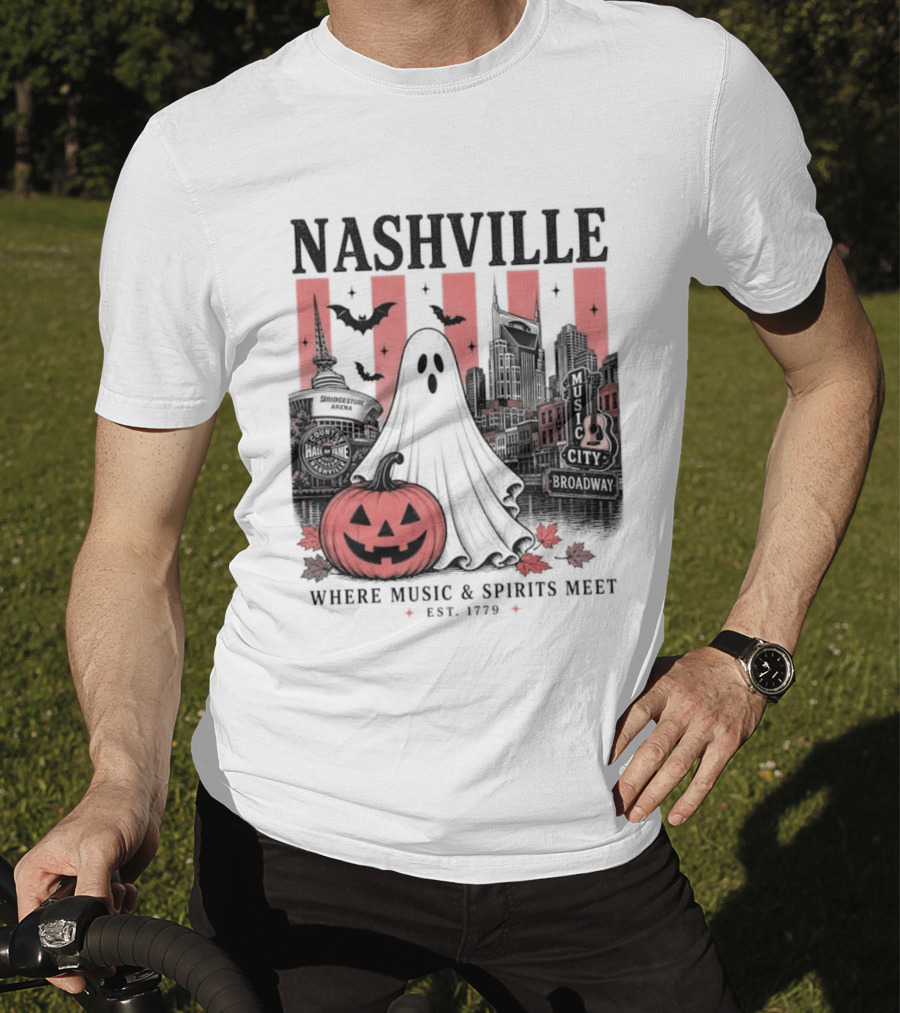 Nashville Halloween Ghost Music Spirits Skyline Pumpkin Bats T-Shirt