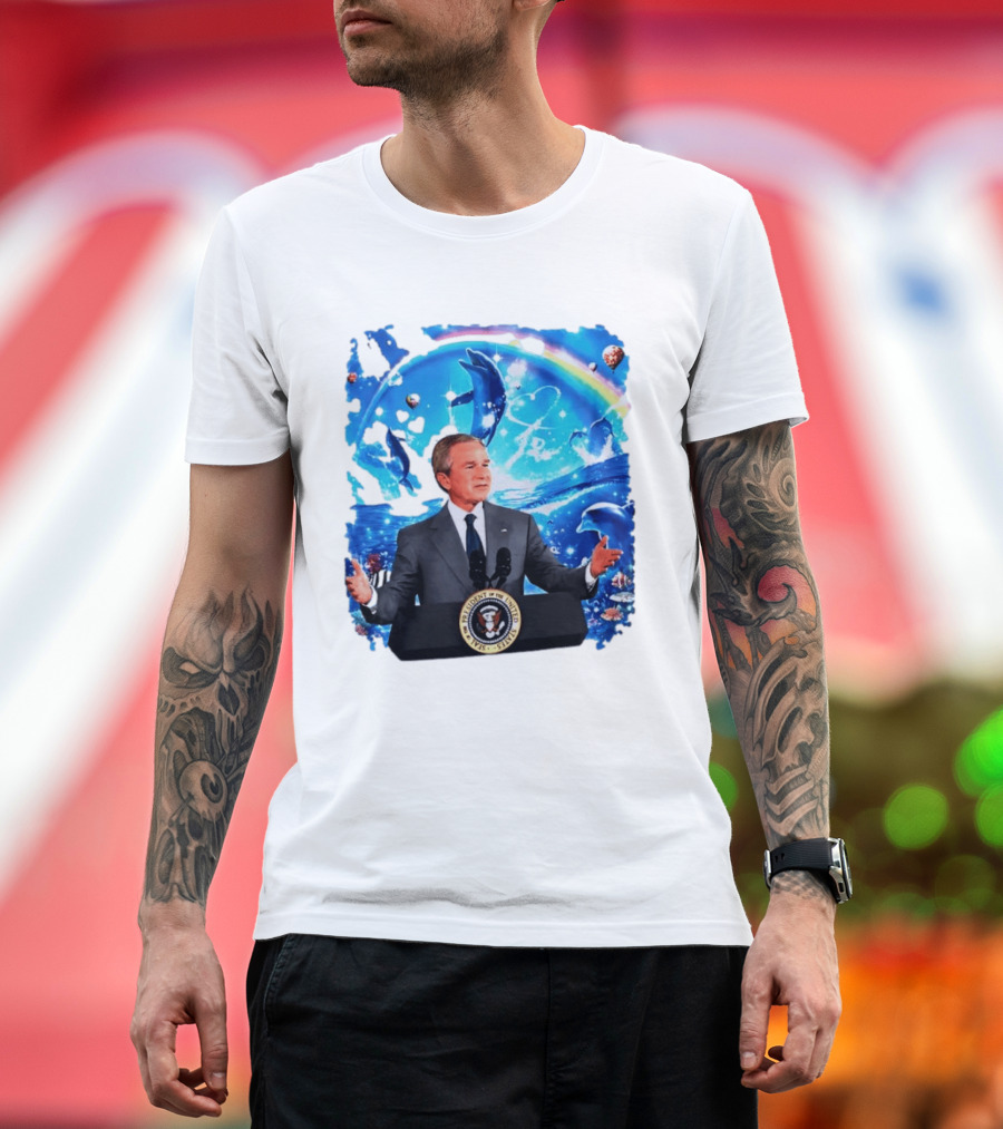 George W Bush Dolphins Coexist Peacefully With Rainbow And Ocean Scene T-Shirt
