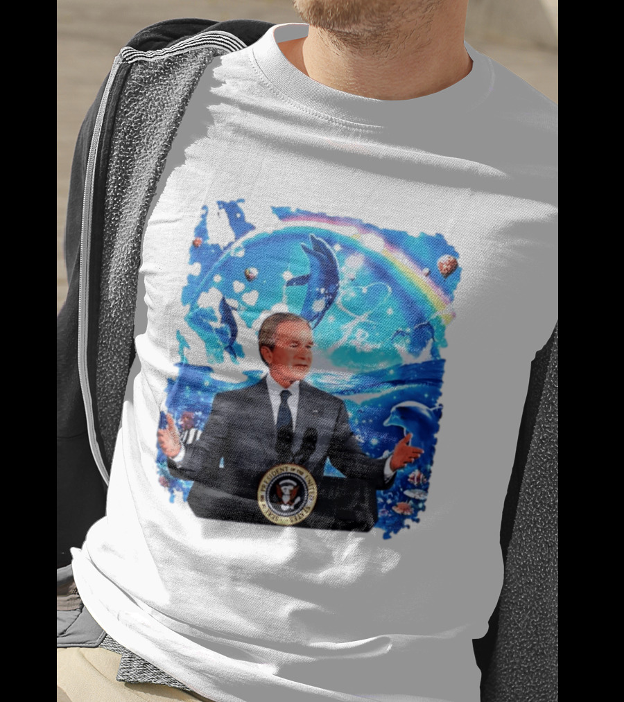 George W Bush Dolphins Coexist Peacefully With Rainbow And Ocean Scene T-Shirt