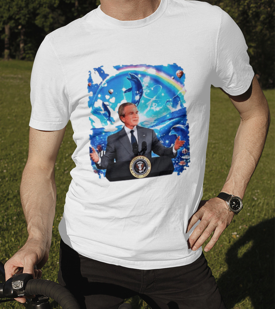 George W Bush Dolphins Coexist Peacefully With Rainbow And Ocean Scene T-Shirt