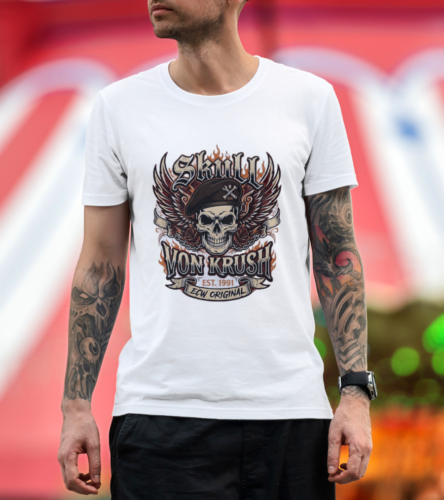 Skull Von Krush SVK Est 1991 ECW Original Flame Wings Roses T-Shirt