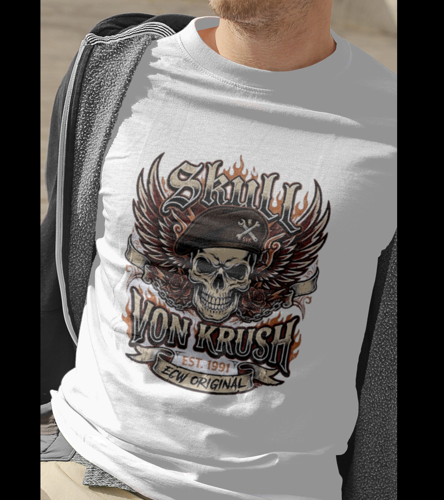 Skull Von Krush SVK Est 1991 ECW Original Flame Wings Roses T-Shirt