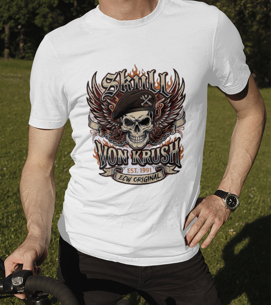 Skull Von Krush SVK Est 1991 ECW Original Flame Wings Roses T-Shirt