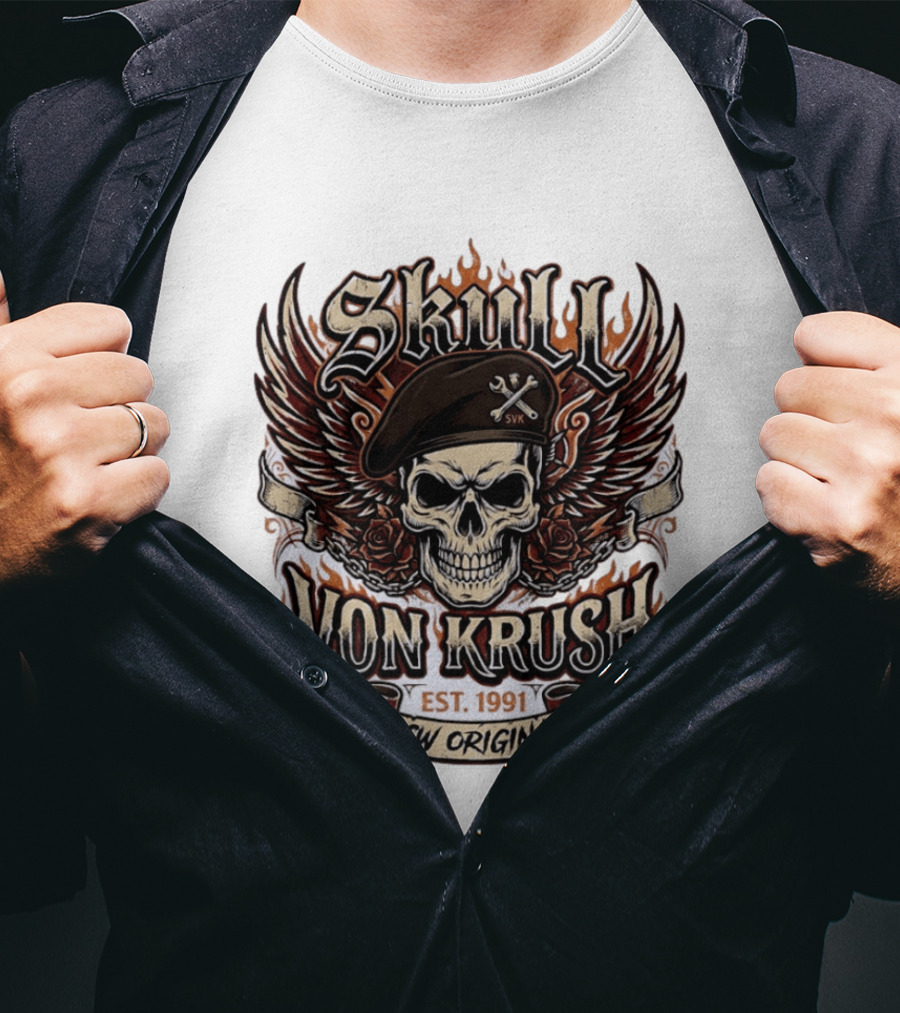 Skull Von Krush SVK Est 1991 ECW Original Flame Wings Roses T-Shirt