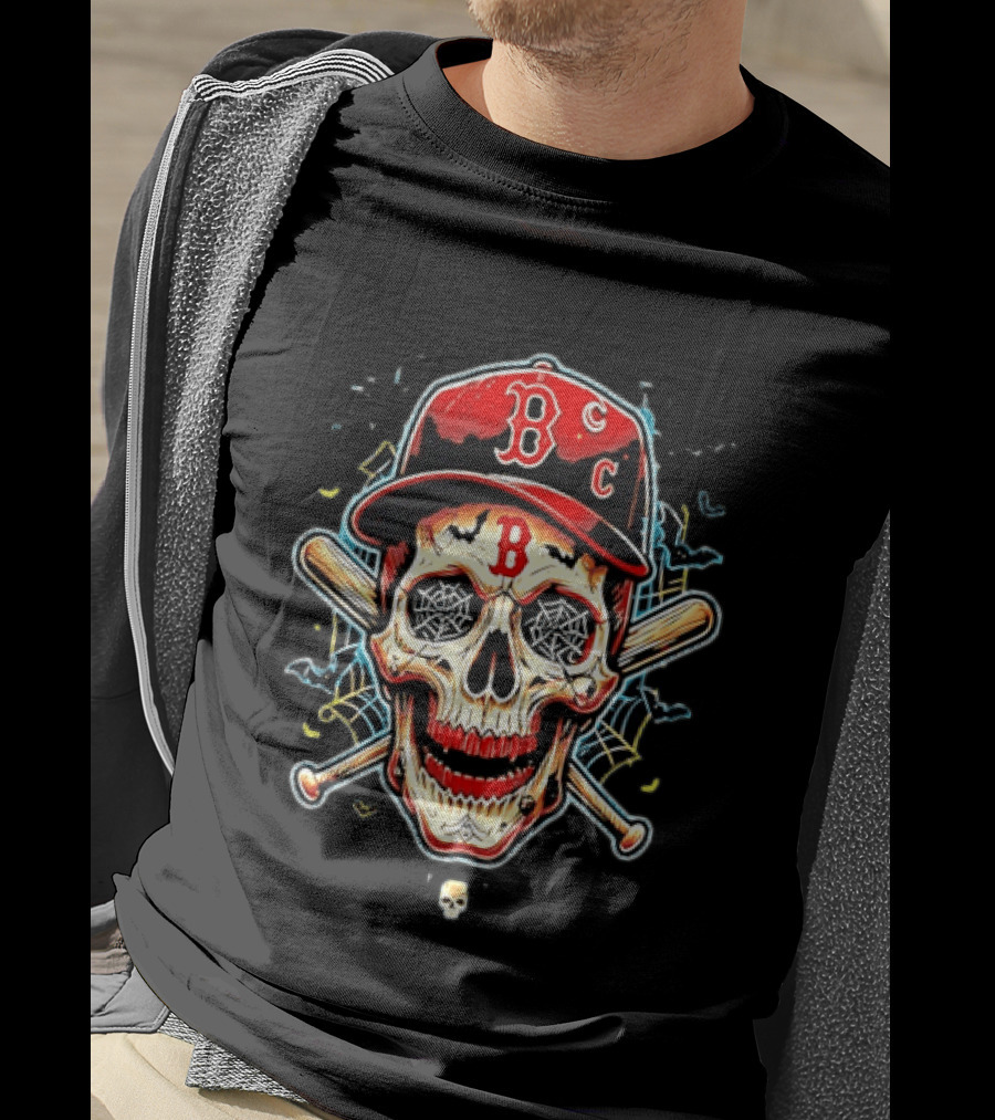 Boston Red Sox Skull Baseball Crossed Bats Red Cap T-Shirt