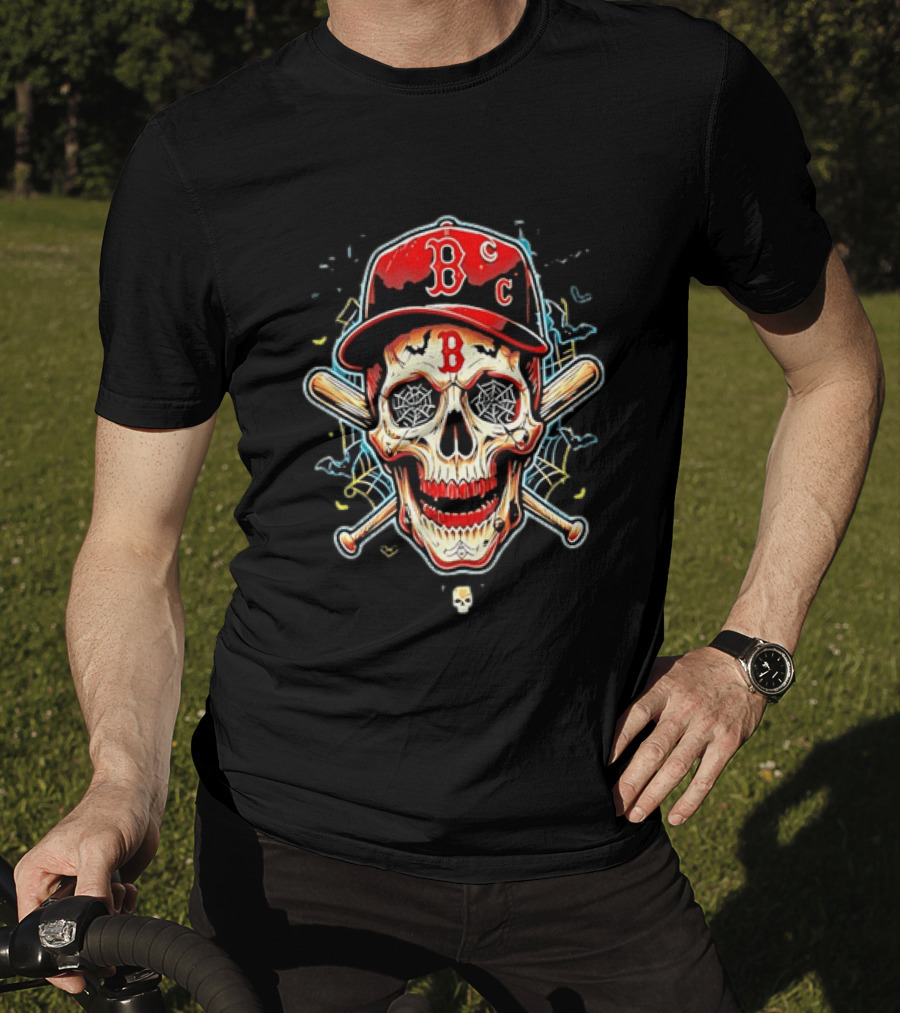 Boston Red Sox Skull Baseball Crossed Bats Red Cap T-Shirt
