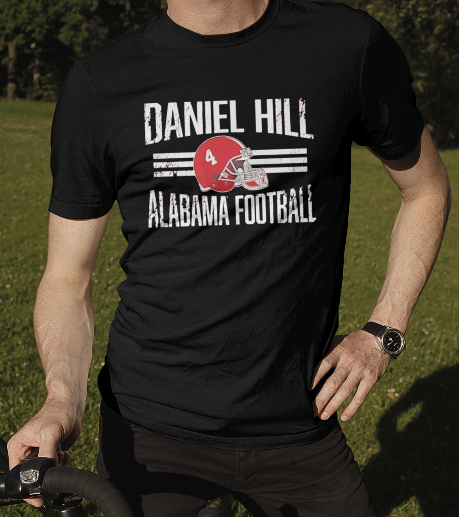 Daniel Hill Alabama Football Number 4 Red Helmet Distressed T-Shirt