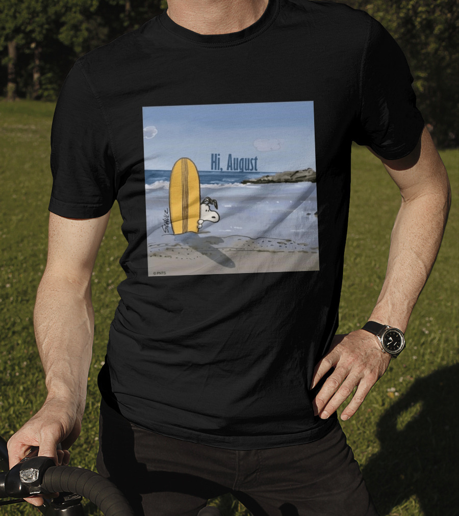 Snoopy Hi August Surfboard Beach Scene By Schulz T-Shirt