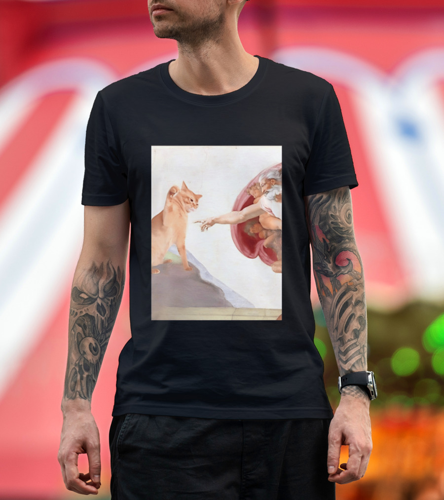 The Creation Of Adam With A Cat By Michelangelo T-Shirt