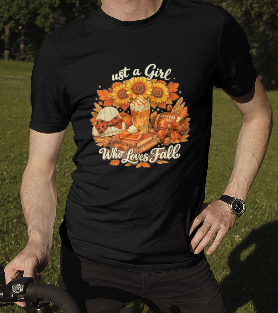 Just A Girl Who Loves Fall Sunflowers Pumpkins Leaves Cozy Autumn Aesthetic Football T-Shirt