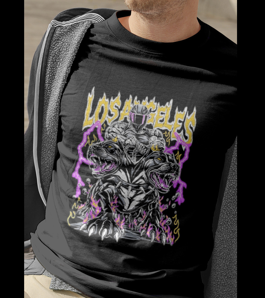 Los Angeles Rider With Two Headed Pitbull And Flames T-Shirt