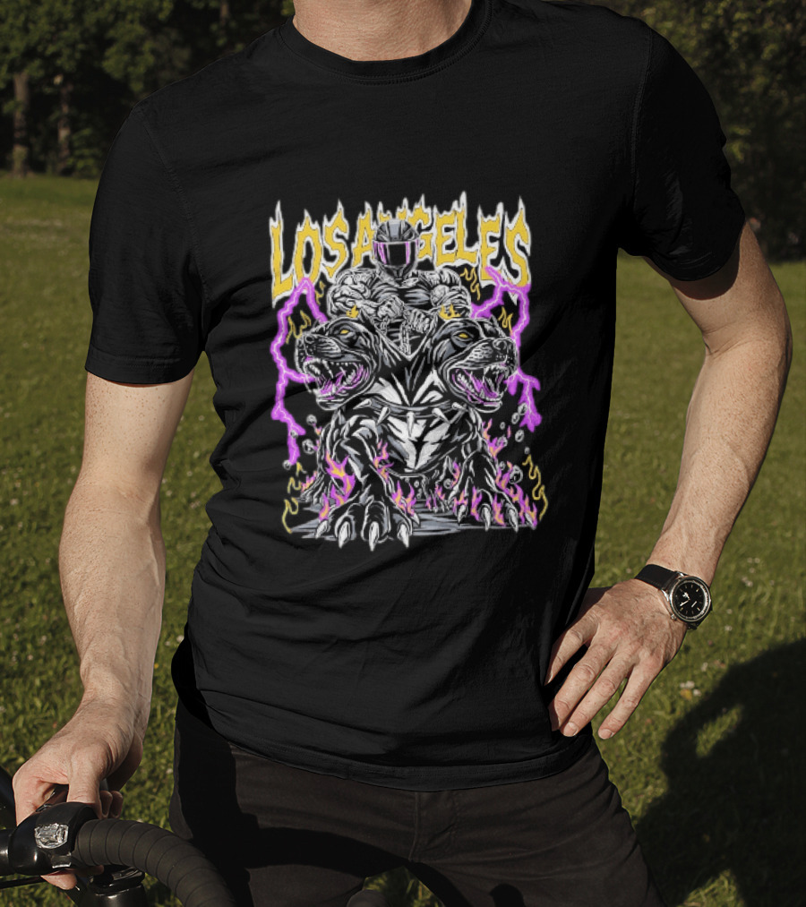 Los Angeles Rider With Two Headed Pitbull And Flames T-Shirt